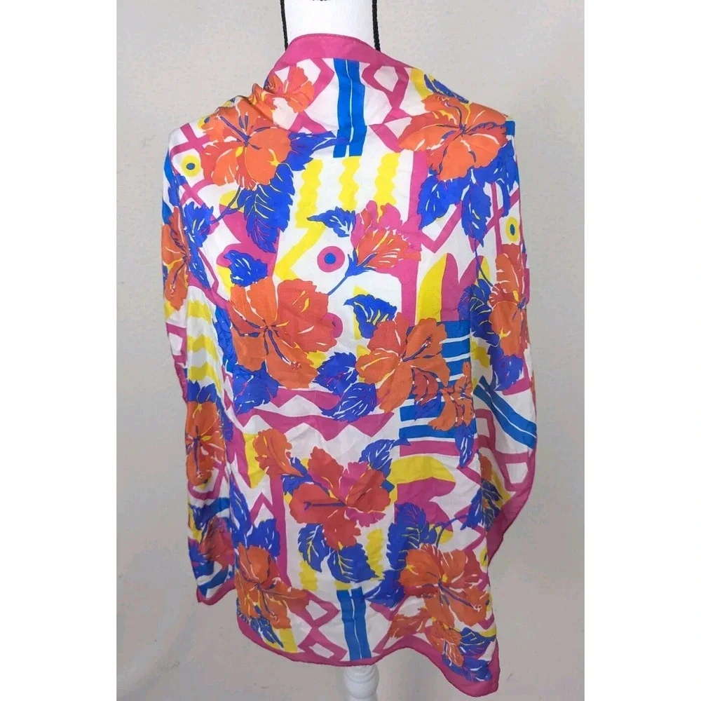 MORGAN TAYLOR Square Scarf Bright Pink Orange Blue‎ Yellow 29x31 Floral Silk